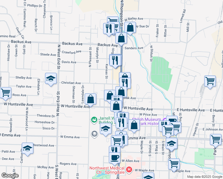 map of restaurants, bars, coffee shops, grocery stores, and more near 1001 Walnut Avenue in Springdale