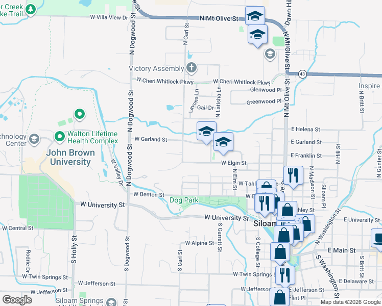 map of restaurants, bars, coffee shops, grocery stores, and more near 811 West Elgin Street in Siloam Springs