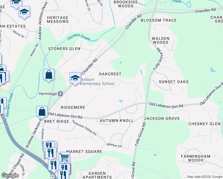 map of restaurants, bars, coffee shops, grocery stores, and more near 429 Old Oak Way in Nashville
