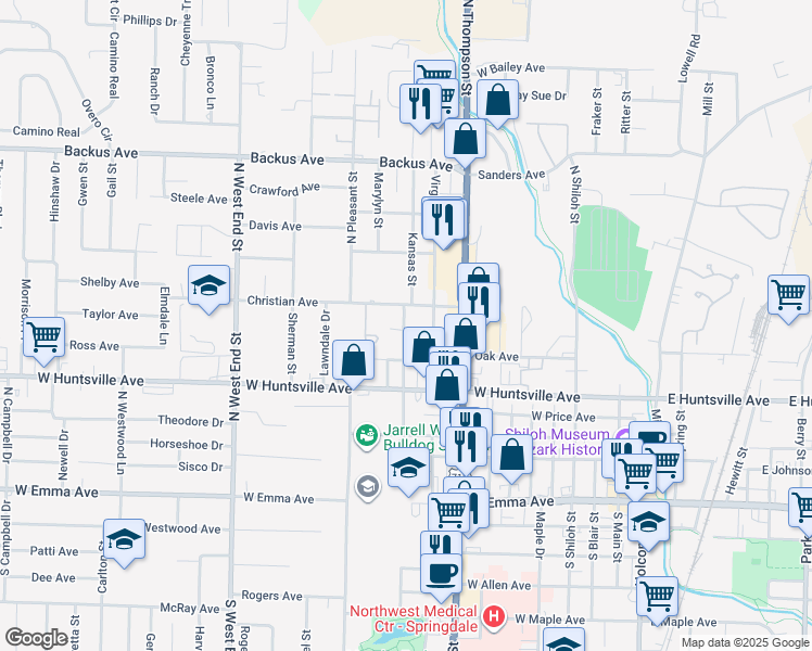 map of restaurants, bars, coffee shops, grocery stores, and more near 1001 Walnut Avenue in Springdale