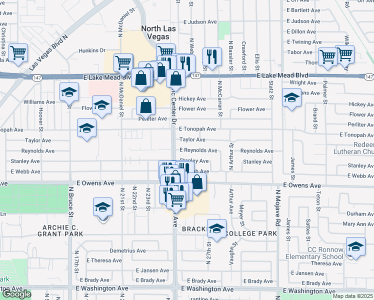 map of restaurants, bars, coffee shops, grocery stores, and more near Reynolds Avenue in North Las Vegas
