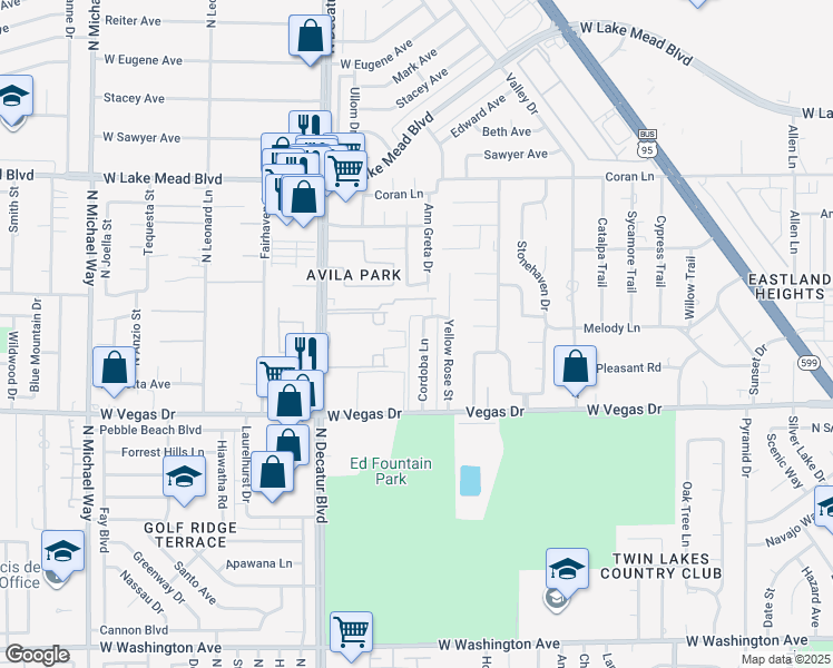 map of restaurants, bars, coffee shops, grocery stores, and more near 1717 Cordoba Lane in Las Vegas