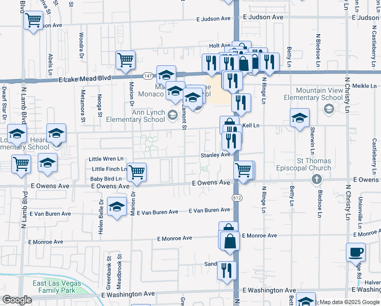 map of restaurants, bars, coffee shops, grocery stores, and more near 4920 Stanley Avenue in Las Vegas