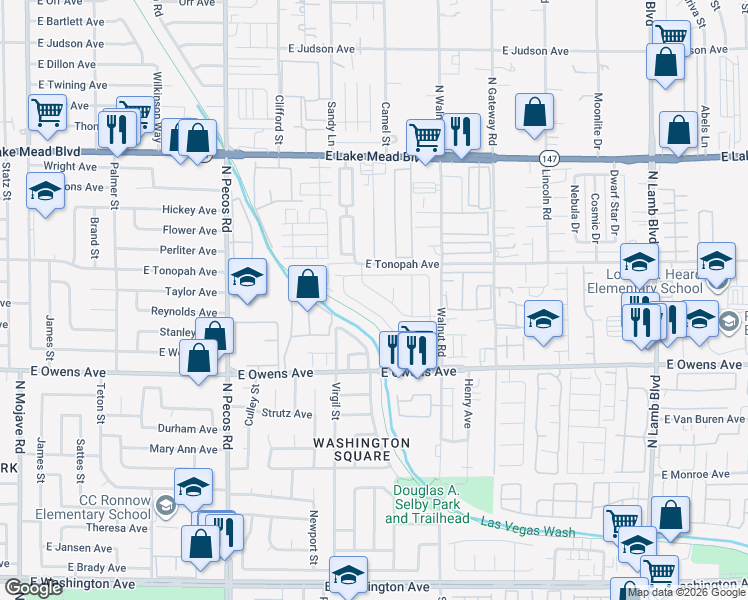 map of restaurants, bars, coffee shops, grocery stores, and more near 3775 East Butternut Lane in Las Vegas