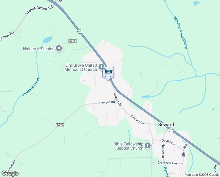 map of restaurants, bars, coffee shops, grocery stores, and more near 7150 Seward Circle in Pfafftown