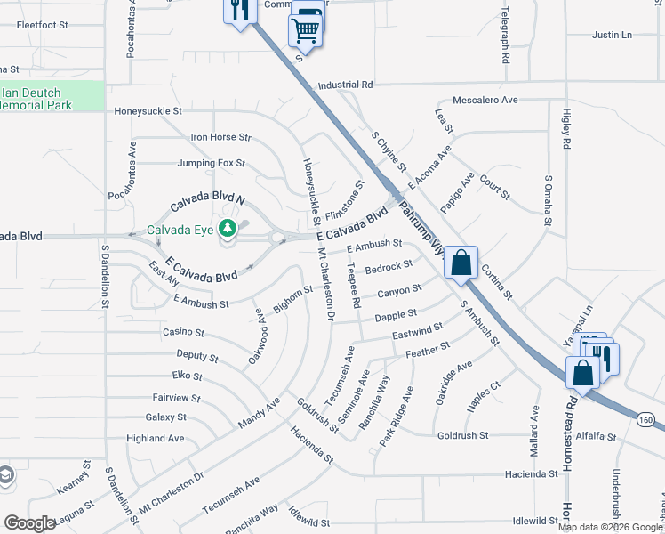 map of restaurants, bars, coffee shops, grocery stores, and more near 105 South Mount Charleston Drive East in Pahrump