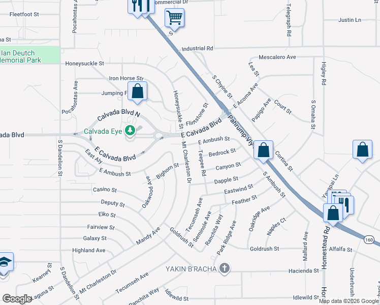 map of restaurants, bars, coffee shops, grocery stores, and more near 91 South Mount Charleston Drive East in Pahrump