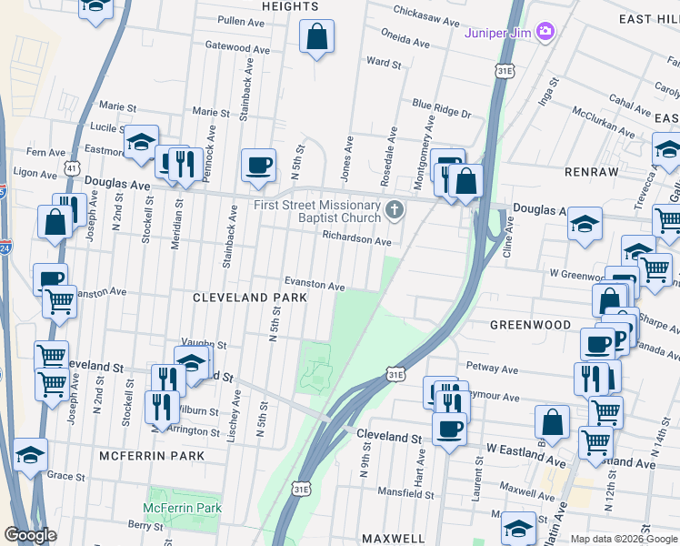 map of restaurants, bars, coffee shops, grocery stores, and more near 1102 North 7th Street in Nashville