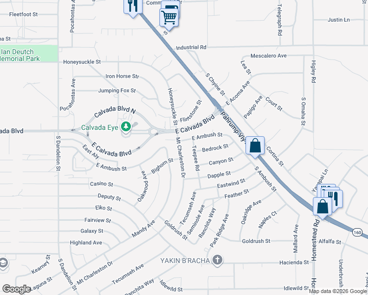 map of restaurants, bars, coffee shops, grocery stores, and more near 91 South Mount Charleston Drive East in Pahrump