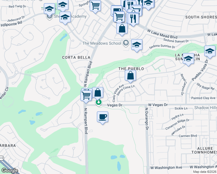 map of restaurants, bars, coffee shops, grocery stores, and more near 1705 Tesara Vista Place in Las Vegas