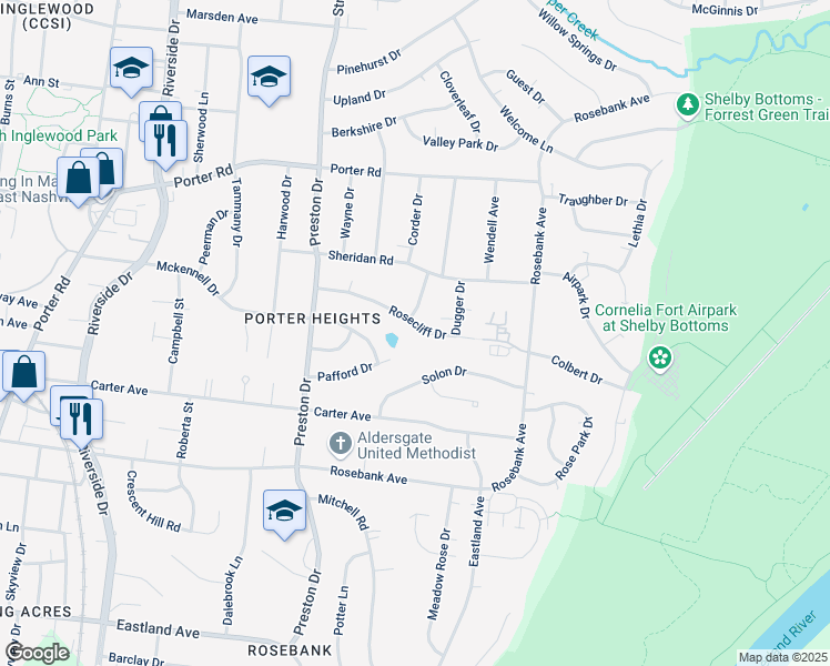 map of restaurants, bars, coffee shops, grocery stores, and more near 2100 Rosecliff Drive in Nashville