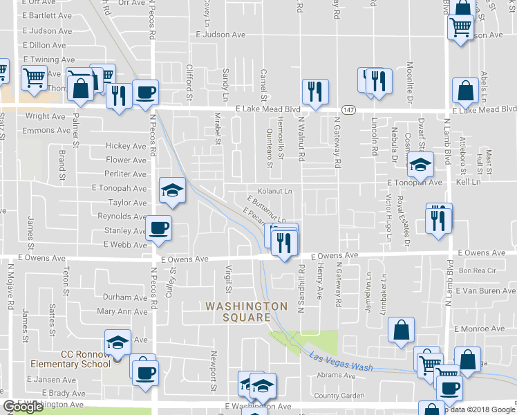 map of restaurants, bars, coffee shops, grocery stores, and more near 3775 East Butternut Lane in Las Vegas