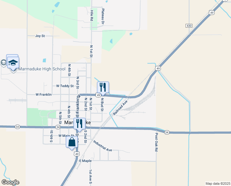map of restaurants, bars, coffee shops, grocery stores, and more near 12001 East Franklin in Marmaduke