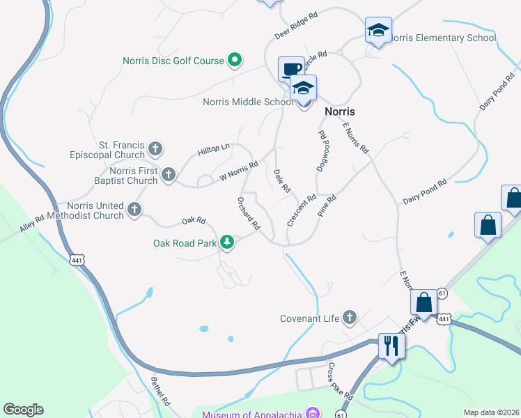 map of restaurants, bars, coffee shops, grocery stores, and more near 115 Orchard Road in Norris