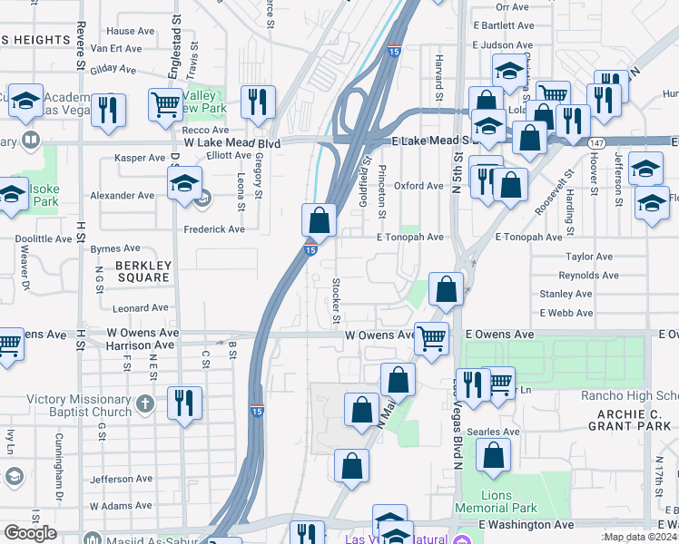 map of restaurants, bars, coffee shops, grocery stores, and more near in North Las Vegas
