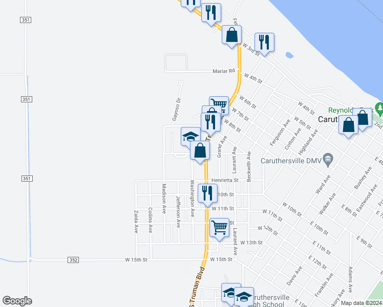 map of restaurants, bars, coffee shops, grocery stores, and more near 900 Washington Avenue in Caruthersville