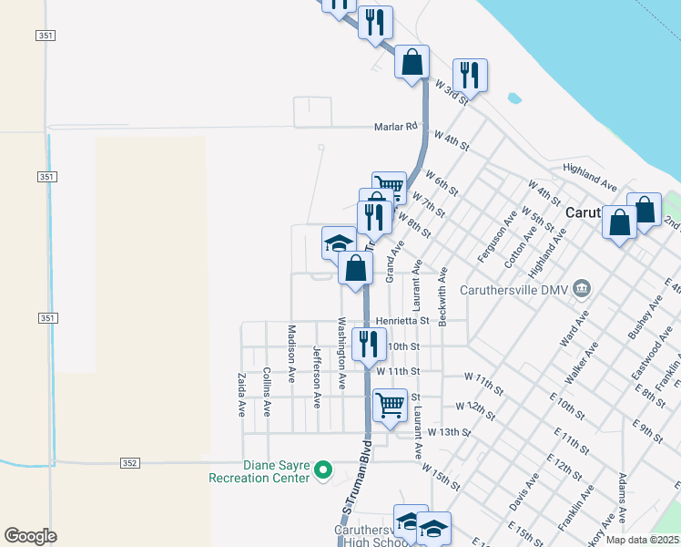 map of restaurants, bars, coffee shops, grocery stores, and more near 900 Washington Avenue in Caruthersville