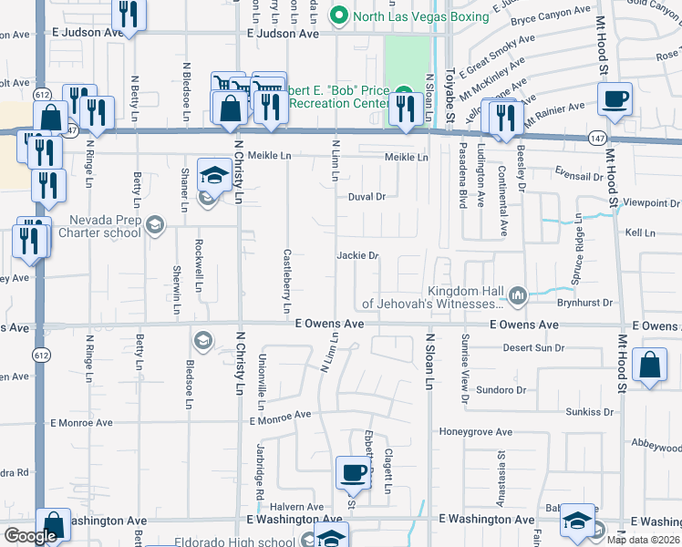 map of restaurants, bars, coffee shops, grocery stores, and more near 1661 North Linn Lane in Las Vegas