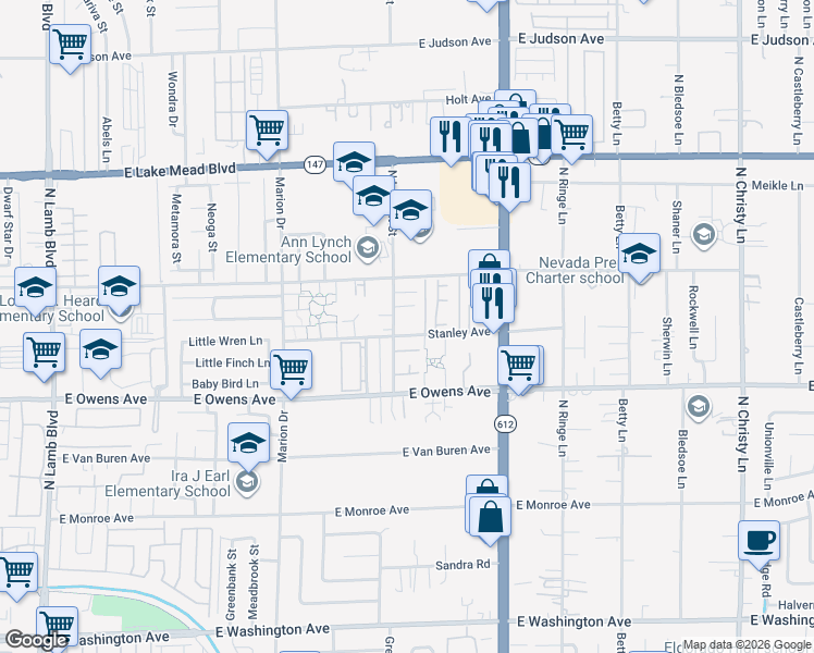 map of restaurants, bars, coffee shops, grocery stores, and more near 1660 North Lamont Street in Las Vegas