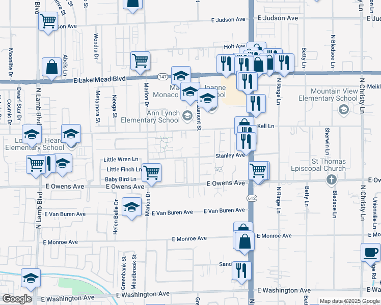 map of restaurants, bars, coffee shops, grocery stores, and more near 3 Breckenwood Court in Las Vegas