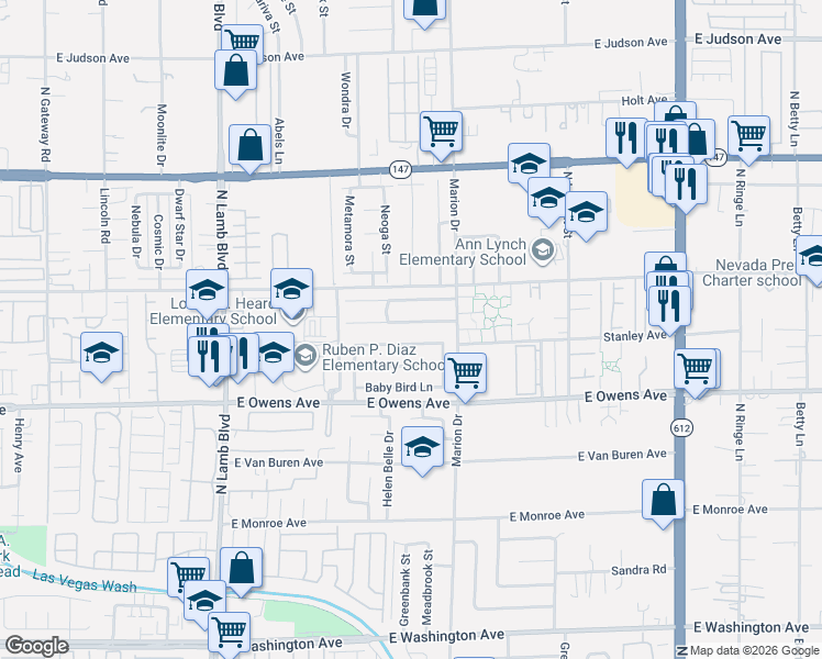 map of restaurants, bars, coffee shops, grocery stores, and more near 4622 Little Wren Lane in Las Vegas