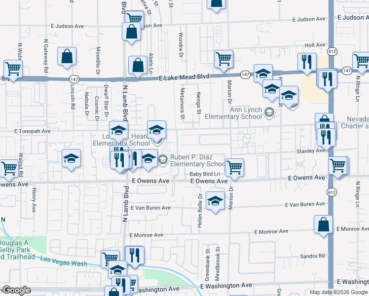 map of restaurants, bars, coffee shops, grocery stores, and more near 1739 Lovebird Lane in Las Vegas