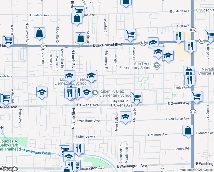 map of restaurants, bars, coffee shops, grocery stores, and more near 1739 Lovebird Lane in Las Vegas
