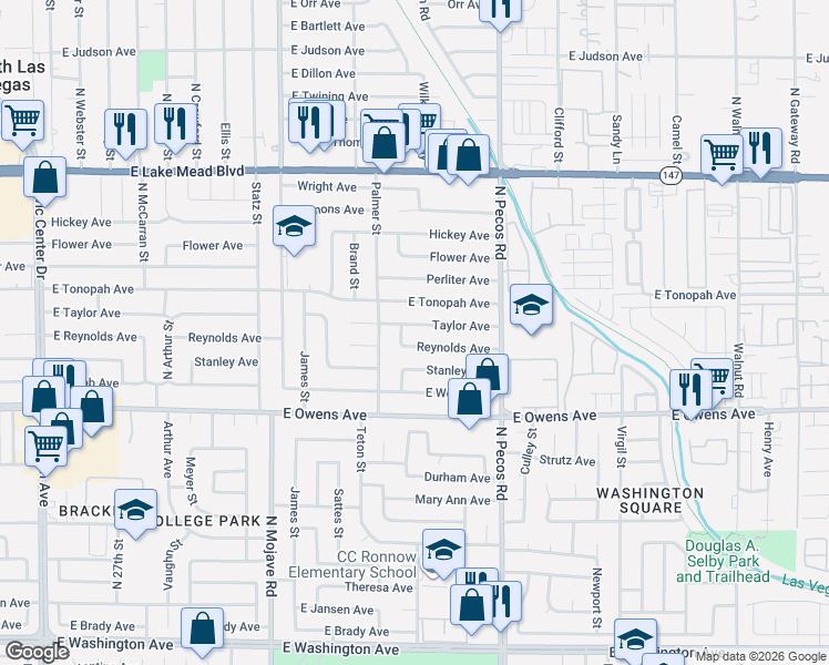 map of restaurants, bars, coffee shops, grocery stores, and more near 3512 Reynolds Avenue in North Las Vegas