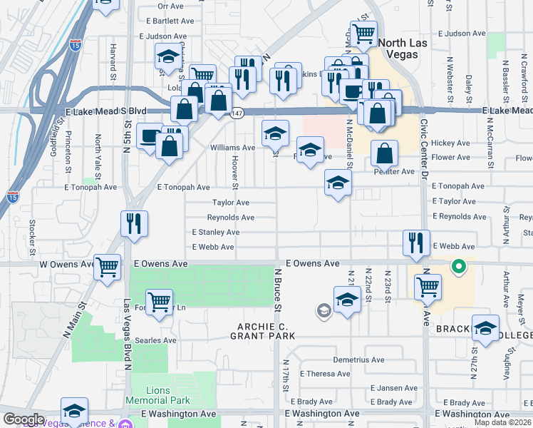 map of restaurants, bars, coffee shops, grocery stores, and more near 1700 North Bruce Street in North Las Vegas