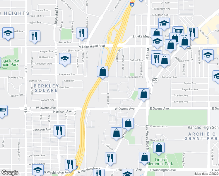 map of restaurants, bars, coffee shops, grocery stores, and more near 1653 Stocker Street in North Las Vegas
