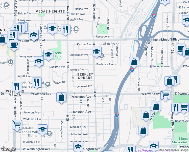 map of restaurants, bars, coffee shops, grocery stores, and more near 1644 D Street in Las Vegas