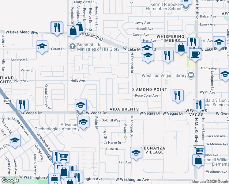 map of restaurants, bars, coffee shops, grocery stores, and more near 1801 Ludwig Drive in Las Vegas