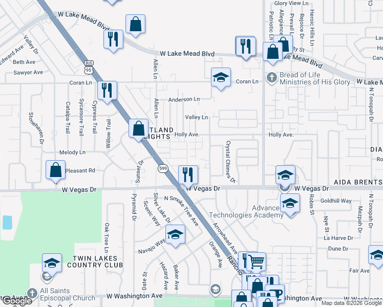 map of restaurants, bars, coffee shops, grocery stores, and more near 3419 Amethyst Glen Court in Las Vegas