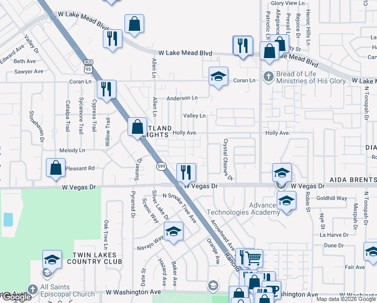 map of restaurants, bars, coffee shops, grocery stores, and more near 3419 Amethyst Glen Court in Las Vegas