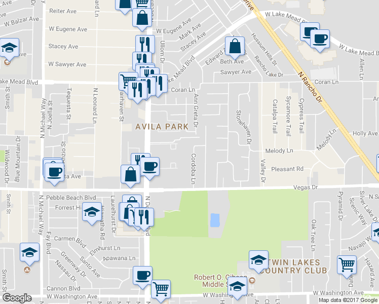 map of restaurants, bars, coffee shops, grocery stores, and more near 1713 Cordoba Lane in Las Vegas