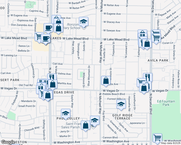 map of restaurants, bars, coffee shops, grocery stores, and more near 1721 Shadow Mountain Place in Las Vegas