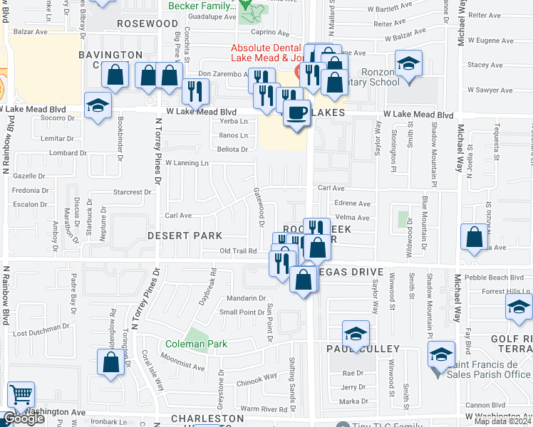map of restaurants, bars, coffee shops, grocery stores, and more near 1708 Gatewood Drive in Las Vegas
