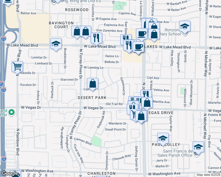map of restaurants, bars, coffee shops, grocery stores, and more near 1705 Battle Creek Circle in Las Vegas