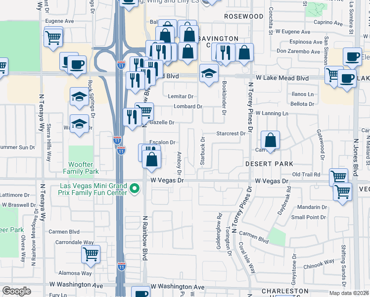 map of restaurants, bars, coffee shops, grocery stores, and more near 1725 Amboy Drive in Las Vegas