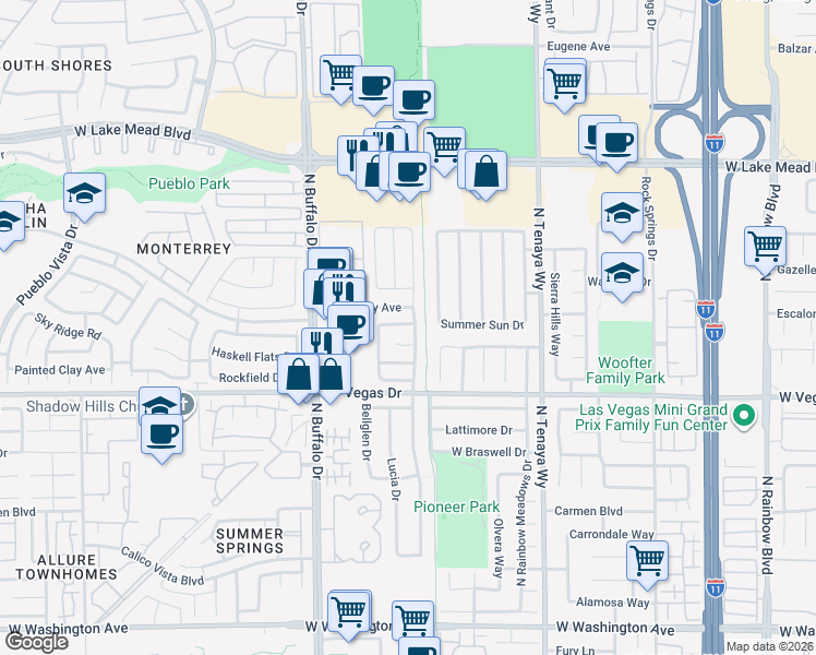 map of restaurants, bars, coffee shops, grocery stores, and more near 7516 Moon Shower Circle in Las Vegas