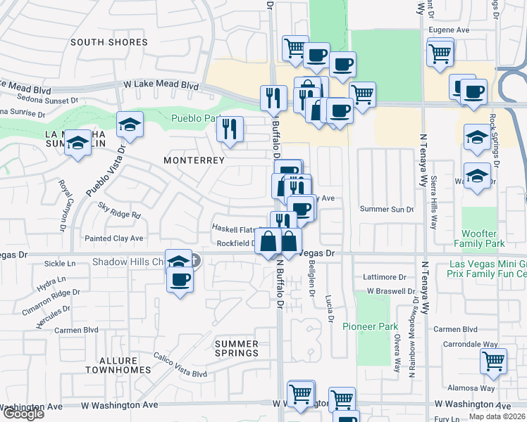 map of restaurants, bars, coffee shops, grocery stores, and more near 7617 Prairie Corners Drive in Las Vegas