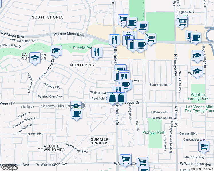 map of restaurants, bars, coffee shops, grocery stores, and more near 7617 Prairie Corners Drive in Las Vegas