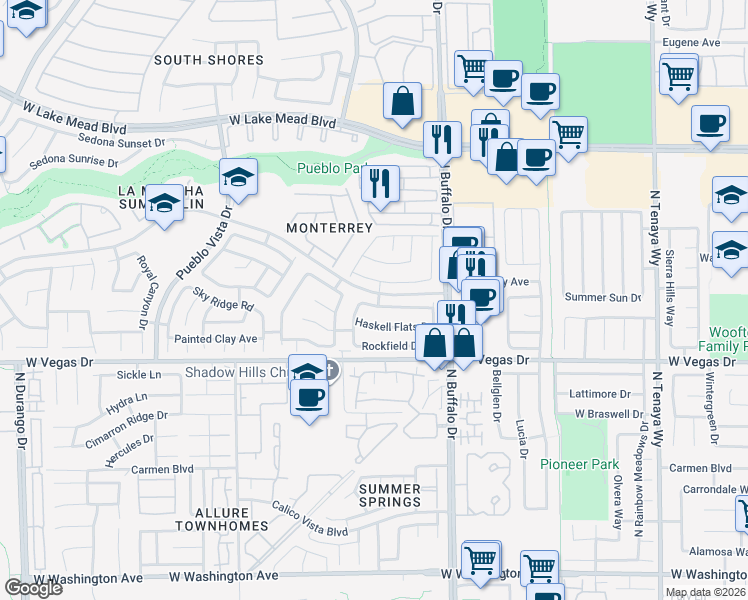 map of restaurants, bars, coffee shops, grocery stores, and more near 7721 Prairie Corners Drive in Las Vegas