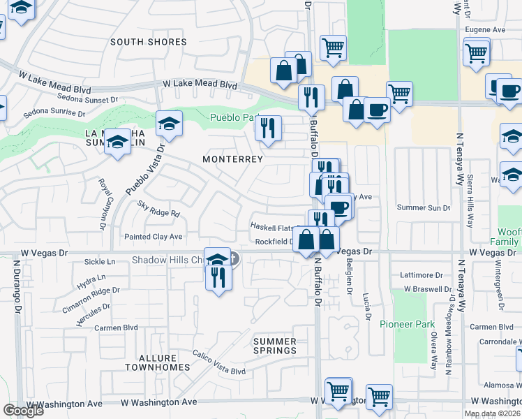 map of restaurants, bars, coffee shops, grocery stores, and more near 7721 Prairie Corners Drive in Las Vegas