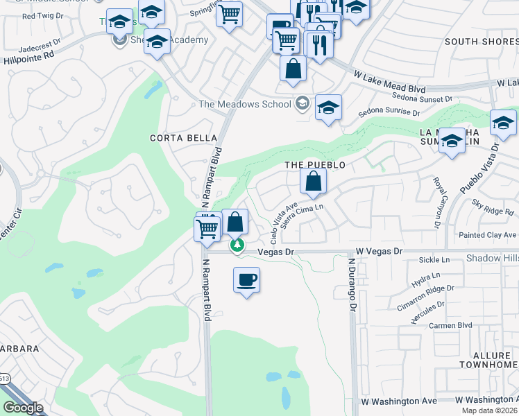 map of restaurants, bars, coffee shops, grocery stores, and more near 1705 Tesara Vista Place in Las Vegas