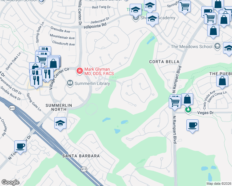 map of restaurants, bars, coffee shops, grocery stores, and more near 1701 Enclave Court in Las Vegas