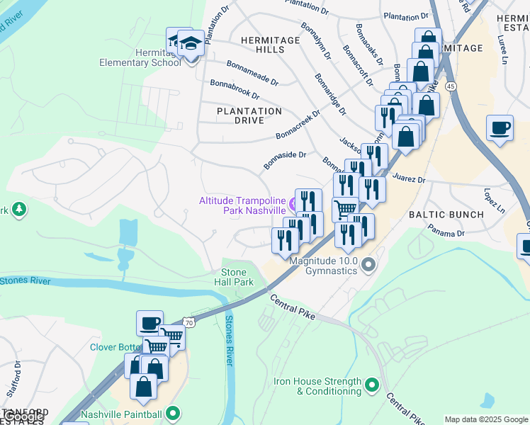 map of restaurants, bars, coffee shops, grocery stores, and more near 2003 Hickory Hill Lane in Nashville