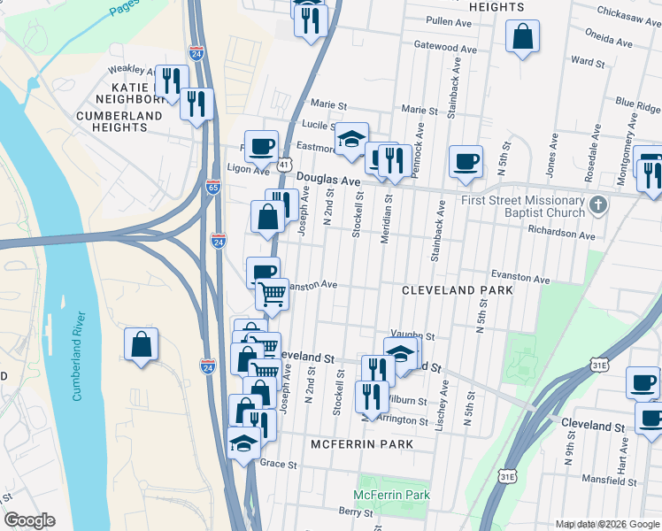 map of restaurants, bars, coffee shops, grocery stores, and more near 1106 North 2nd Street in Nashville