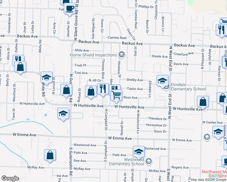 map of restaurants, bars, coffee shops, grocery stores, and more near 502 Hinshaw Drive in Springdale
