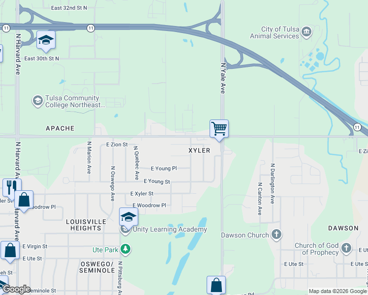 map of restaurants, bars, coffee shops, grocery stores, and more near 4523 East Young Court in Tulsa